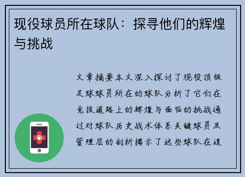 现役球员所在球队：探寻他们的辉煌与挑战